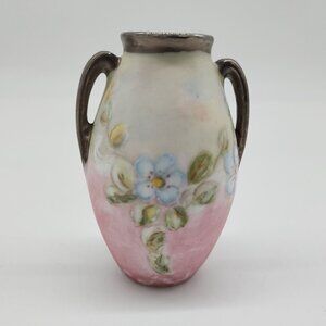 Vintage Hand Painted Porcelain Miniature Vase With Floral Design & Dual Handles